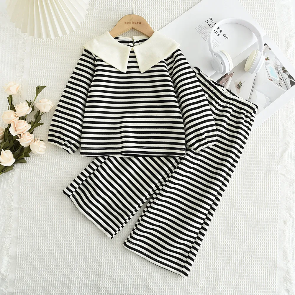 Conjuntos de ropa para niños: camisa a rayas con solapa grande y pantalones de pierna ancha, conjunto de 2 piezas, conjunto de ropa para bebé, ropa para niñas pequeñas.