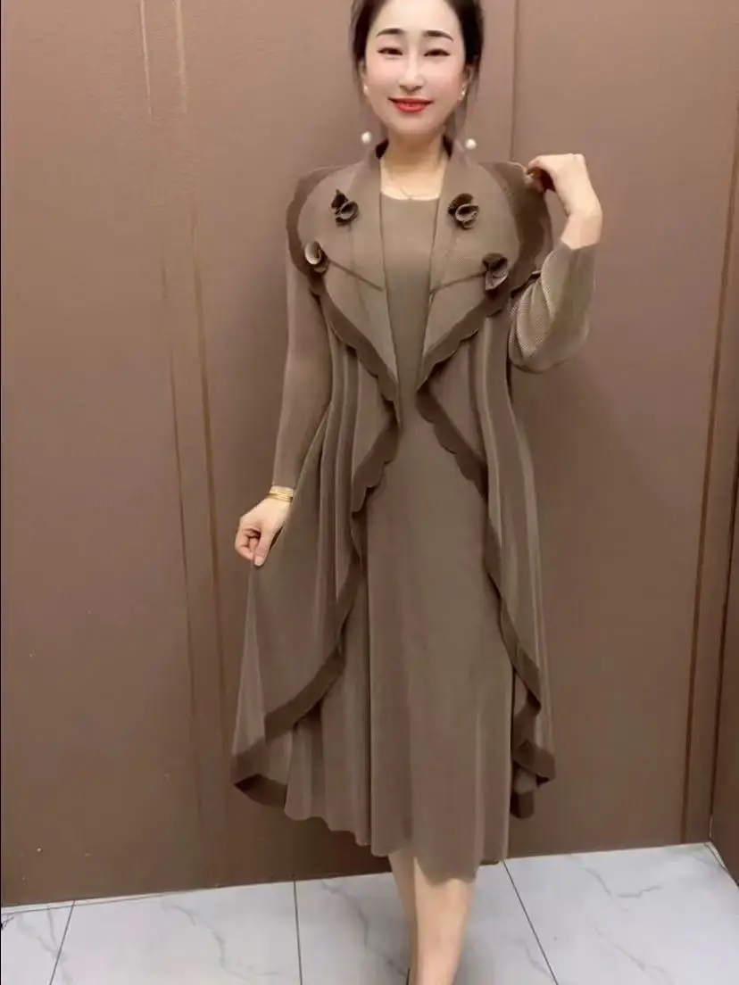 Damska spódnica w stylu casual chic, długa, na wiosnę i jesień, z wysokim stanem, w kształcie litery A, składana, luźna, z nadrukiem kwiatowym.