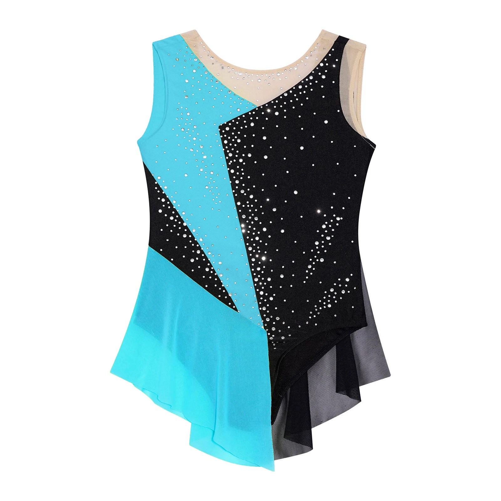 Teen Girls Figure Skating Costume Ballet Gymnastics Lyrical Dance Leotard Sleeveless Shiny Rhinestone Sheer Mesh Bodysuit Dress