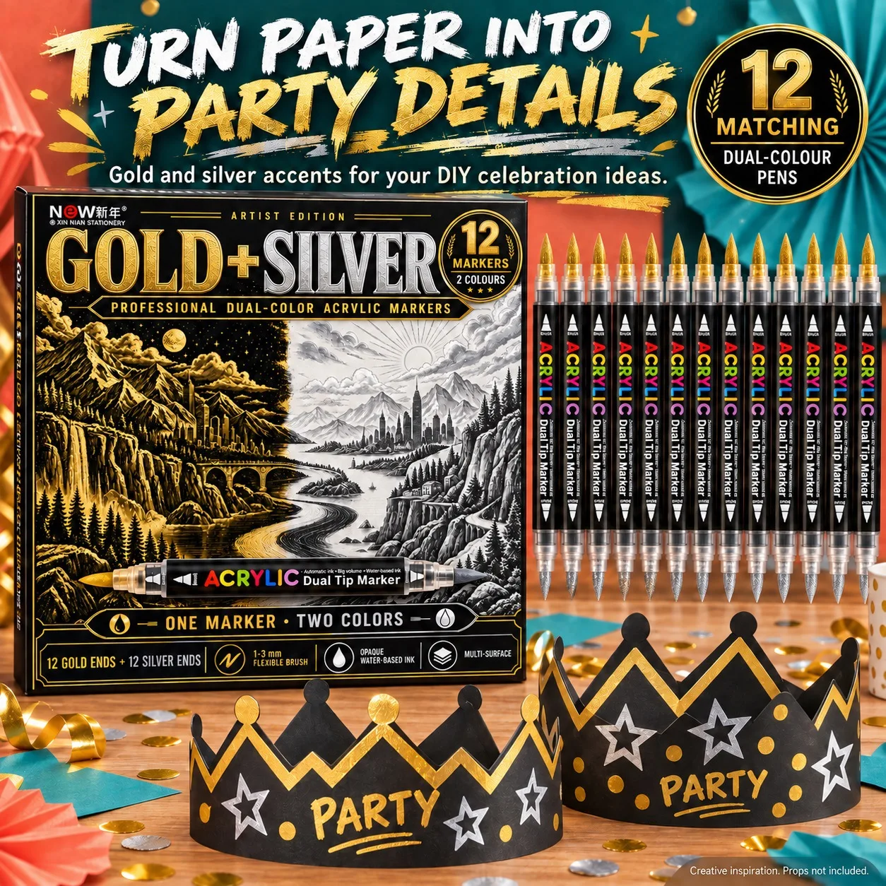 12 pieces Gold Silver Dual Color Acrylic Markers Soft Brush Tip Metallic Paint Pens for Rock Wood DIY Art Craft Supplies