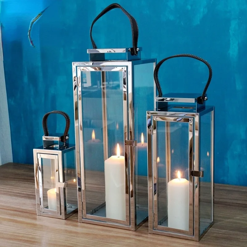 Top Seller Classic Home Decor Glass Stainless Steel Lantern Candle holder Simple silver metal candle holder Lantern wedding deco