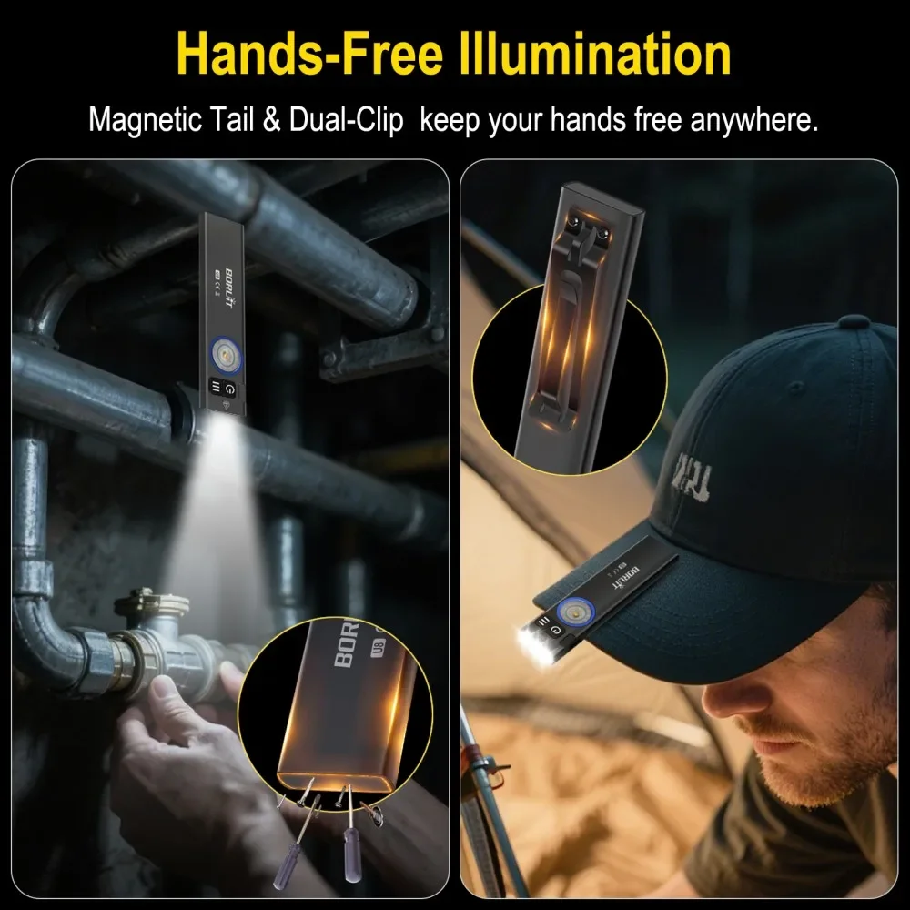 BORUiT U8 650LM LED EDC مصباح يدوي نوع C قابلة للشحن ضوء العمل الشعلة مع المغناطيسي مقاوم للماء التخييم في الهواء الطلق جيب فانوس