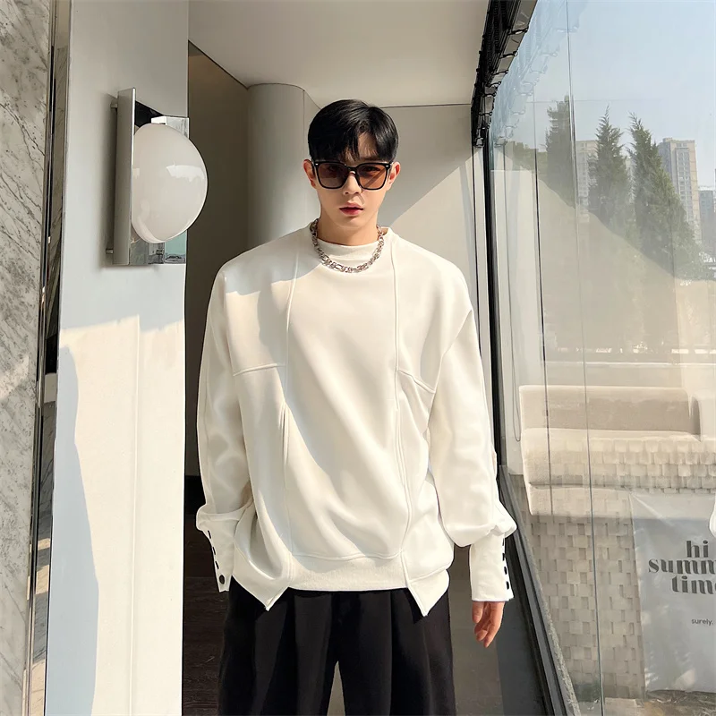 Autumn Fashion Cuff Multi-Button Sweatshirts Men's Irregular Design Pullover Leisure Fashion Long Sleeve Contrast Color Tops