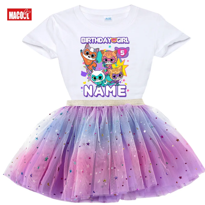 Super Kit Girls Birthday Tutu Dress Set Birthday Party Shirts Girl Dress Set Party T-shirt Child Suits Custom Name Outfits 6th
