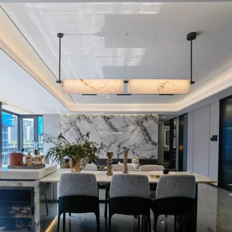 

2025 New French Spanish Natural Marble Lustre Chandelier, Dimmable Long Brass Pendant Lamp for Villa, Light for Ceilings