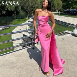 Sansa Sexy Strapless Mermaid Vestidos De Noche Fuchsia Satin Trumpet فساتين السهرة Summer Fishtail Side Tail Prom Dresses