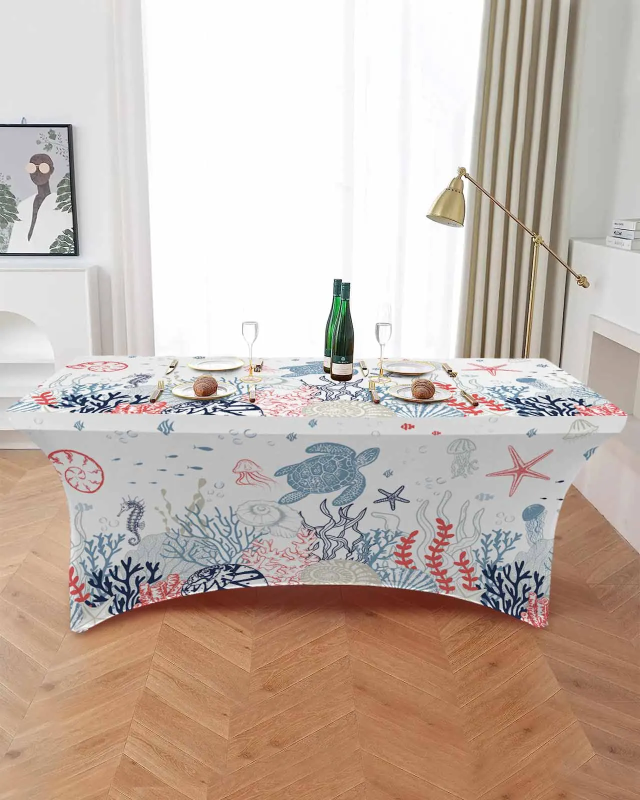 Summer Sea Coral Sea Turtle Elastic Table Skirt Wedding Birthday Table Decoration Table Skirt Tablecloth for Party