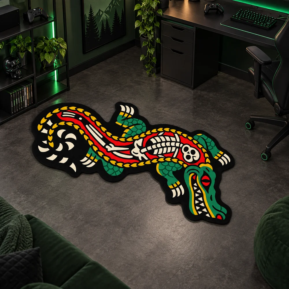 Skeleton Crocodile Irregular Floor Mat Soft Flannel Non Slip Area Rug Gothic Animal Door Mat for Bedroom Game Room Gift