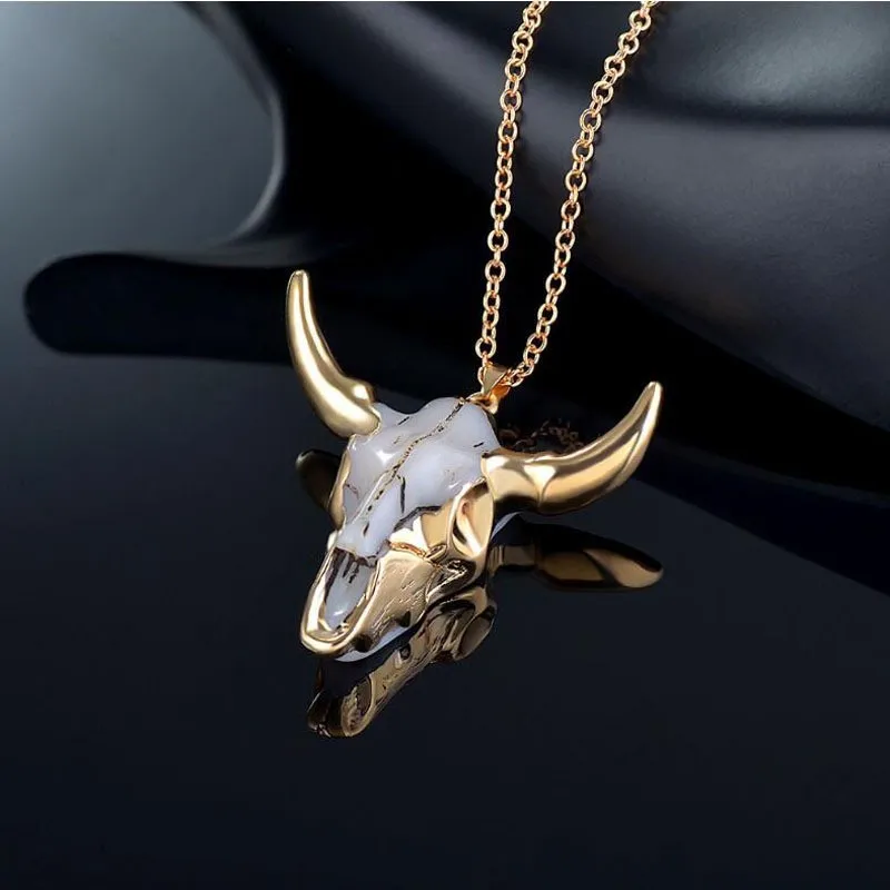 Hip Hop Street Tide Men Faux Cow Bone Necklace Vintage Bully Gold Wrapped Bull Head Large Pendant
