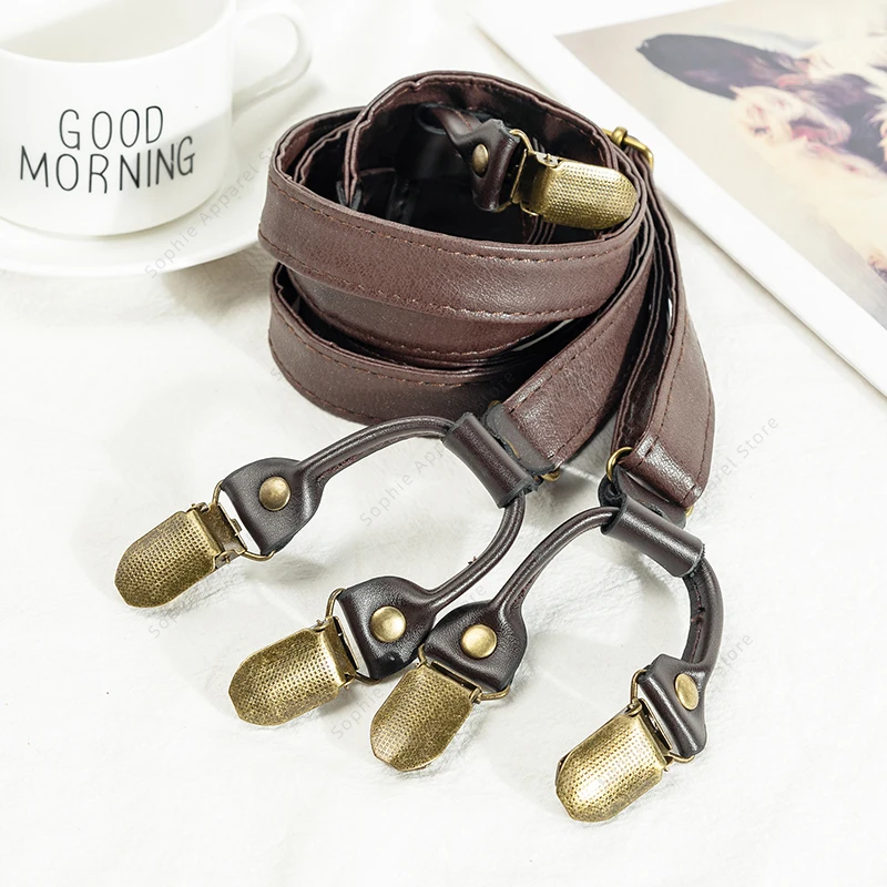 الحمالات الرجال حزام للسراويل 6 مقاطع أسود براون للجنسين جلد النساء Bretels بنطلون الكبار Bretelles أوم