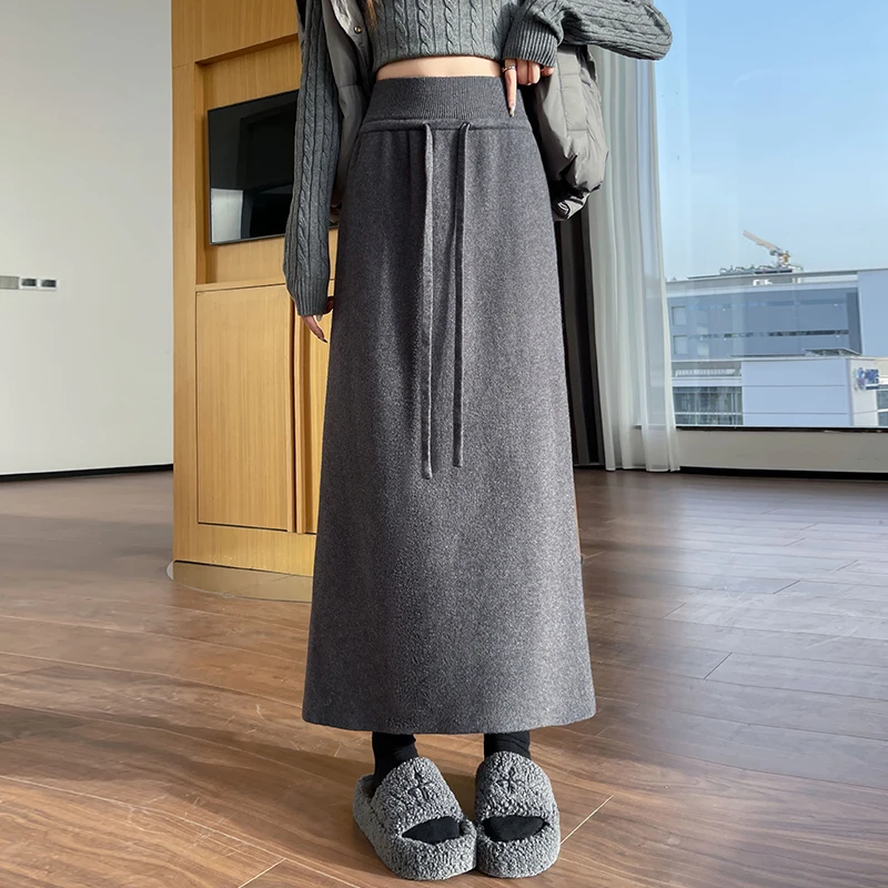 ارتفاع الخصر محبوك منتصف طول تنورة المرأة الخريف الشتاء Faion الكورية Sle f طول سترة سترة Dr #4