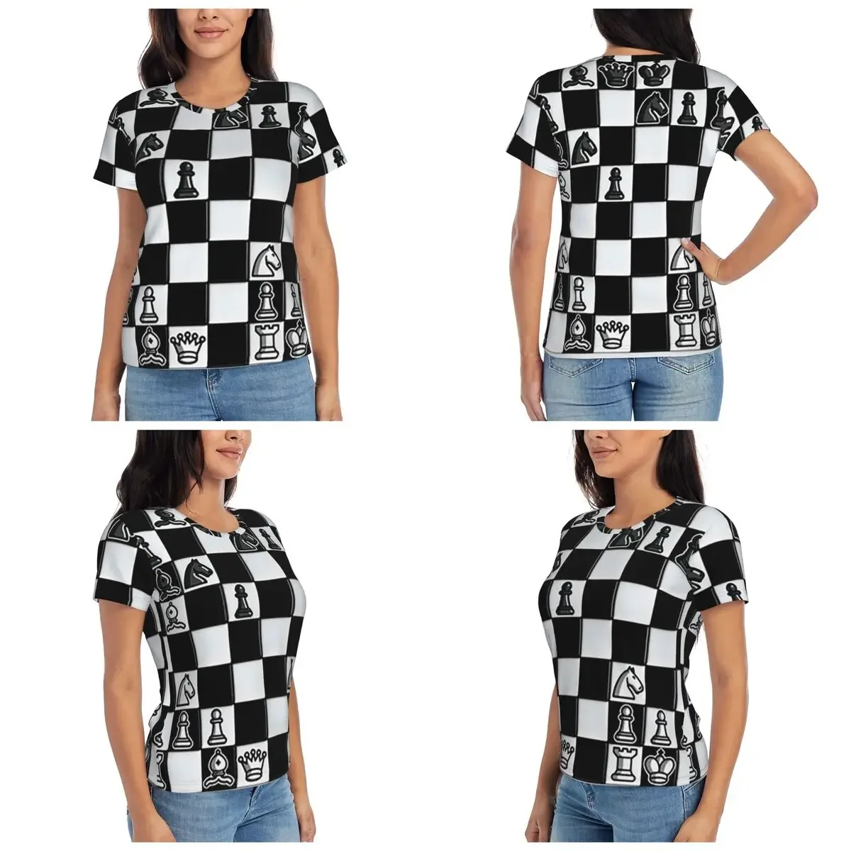 Chess Pieces On Board T-Shirt for Women O-Neck Streetwear T Shirts Women's Tees Short Summer Clothes Tops