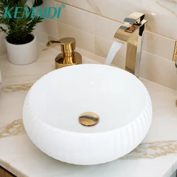 KEMAIDI White Bathroom Sink Round Bathroom Sink Ceramic Basin Bowl Sink with Gold Faucet Drain Counterop Basin Bowl For Bathroom