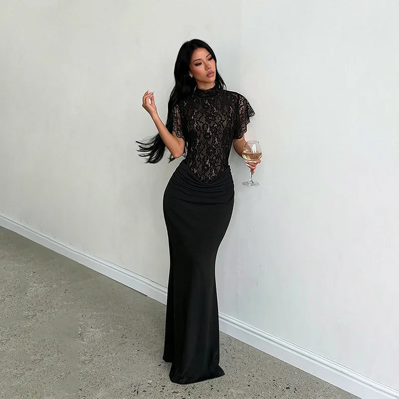 Yj26457 High-neck Lace-trimmed Mermaid Evening Dress, Short-sleeved Figure-hugging, For Women, Wholesale