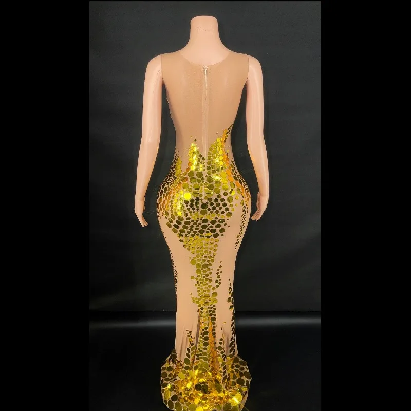 11 لون الذهب حفلة موسيقية فساتين عيد ميلاد ملهى ليلي بار السجادة الحمراء تظهر عدسة فستان حفلة مثير احتفال الزي اللؤلؤ فستان طويل المغني