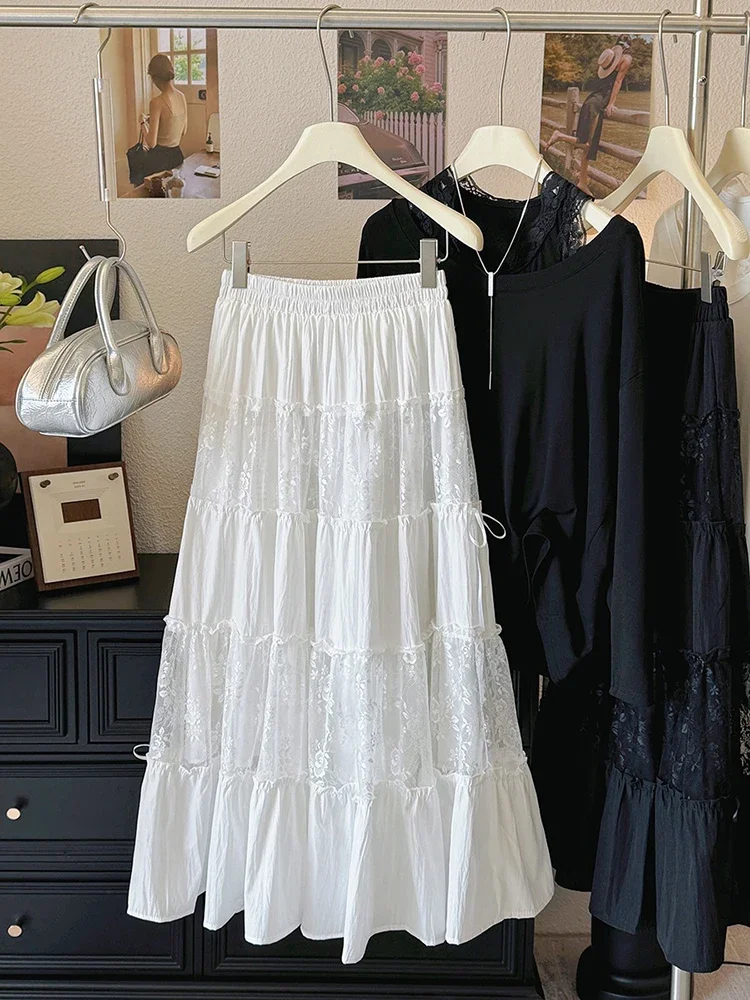 

Sweet Ballet Style Long Skirt Women Vintage Cute High Waist Loose Midi Skirt Lace Patchwork A-Line Skirt 2025 New