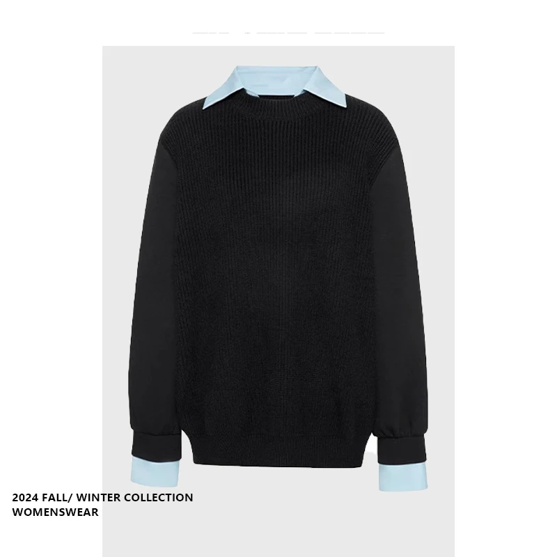 

Blue Collar Knitted Long Sve irt Collar Patchwork Sweater Single Piece Large Size Women's Inner Wear Commute Sle Autum...