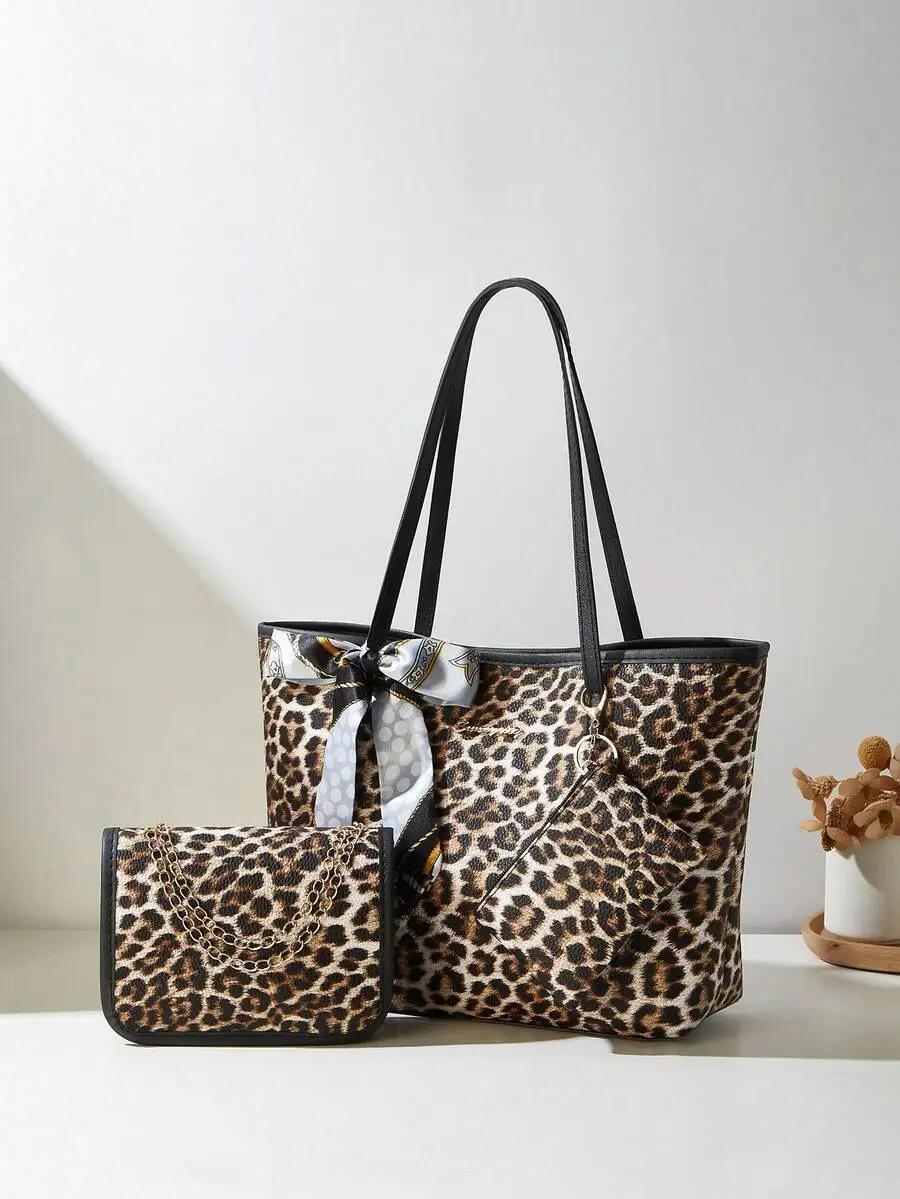 

3Pcs Women's Set: Leopard Print Shoulder Bag, Scarf, And Coin Purse