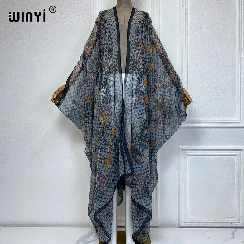 WINYI kimono letnia perspektywa seksowny kardigan sukienka plażowa maxi z nadrukiem Boho Kaftan osłona do bikini wakacyjną stroje plażowe dla kobiet