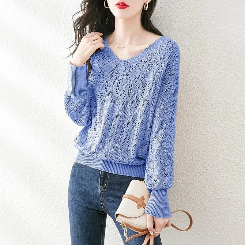 Spring Autumn New Trend Fashion Hollow Out T-Shirts Temperament V-neck Lazy Women Solid Fashion Loose Leisure V-neck Knitted Top
