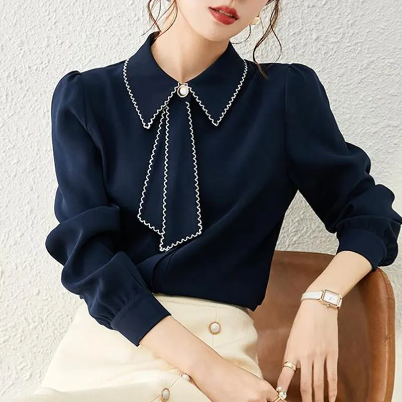 Women\'s Autumn Fashion Simplicity Solid Color Long Sleeve Chiffon Shirts Women Clothes Casual All-match Temperament Tops