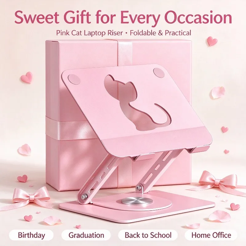 Pink Cat Cute Laptop Stand Aluminum Alloy Hollow Cooling Base Foldable Portable Desktop Notebook Support For 10-16 Inch Laptops