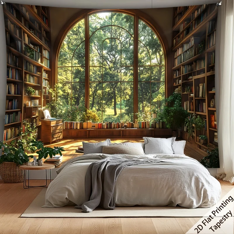 VIKAMA Bibliotheks-Fenstertapisserie, Vintage-Bücherregal & Waldansicht Wandbehang für Ästhetische Schlafzimmerdekoration