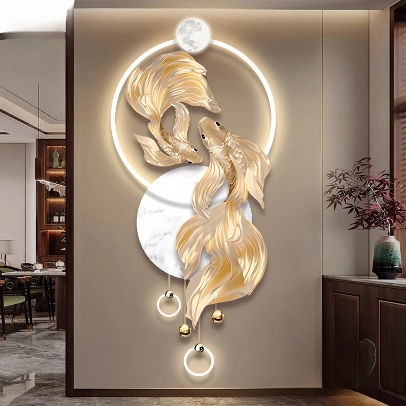 Koi Carp Entrance Decoration Painting Light Luxury Lamp Corridor Hanging Painting, High Grade Luminous Mural Painting