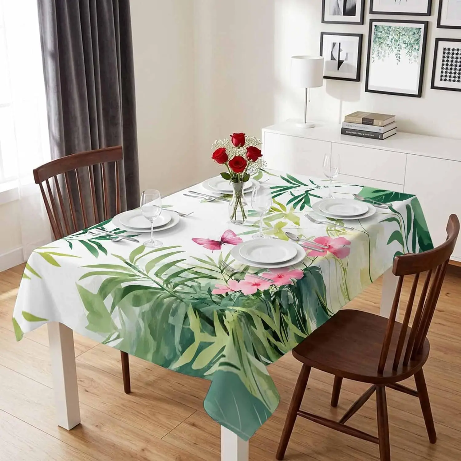 Summer Green Leaves Wildflower Butterfly Tablecloth for Table Decor Tropical Leaf Flowers Plants Kitchen Table Cloth Party Decor