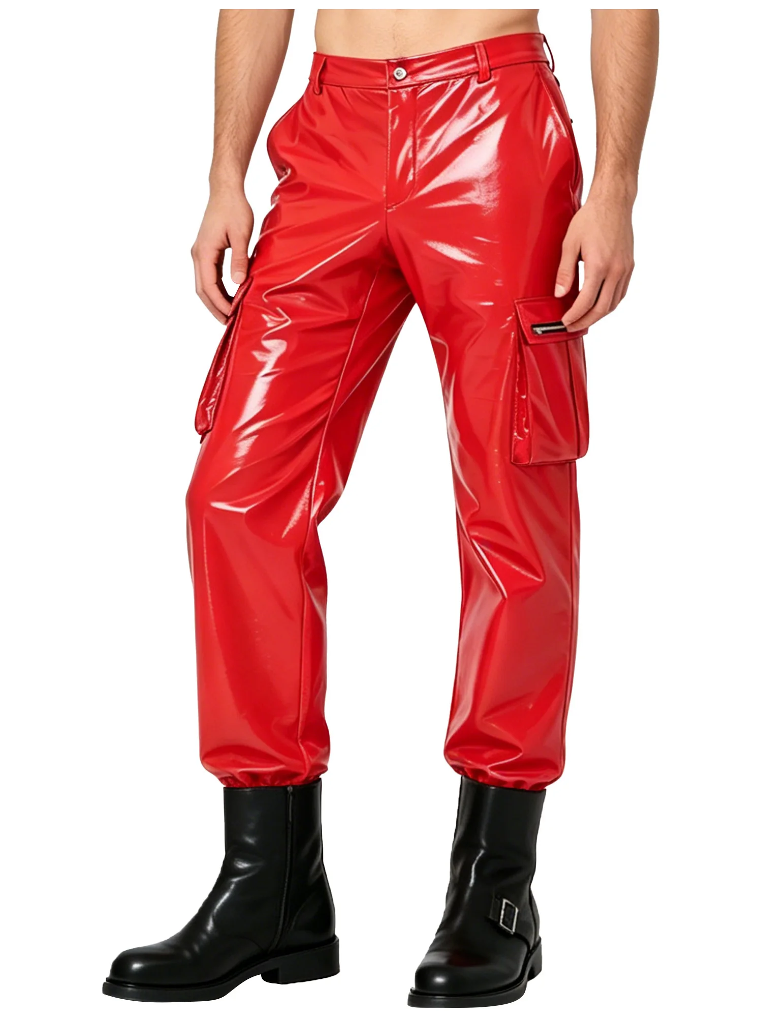 Mens Glossy PU Leather Cargo Pants Glossy Multi-pocket Straight Leg Trousers Y2K Punk Pants Disco Party Rave Clubwear Streetwear