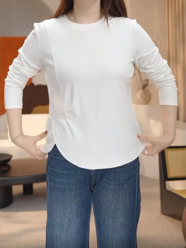 

Женская футболка больших размеров из чистого хлопка с длинным рукавом, базовая модель, весенняя модная свободная облегающая универсальная кофта, трендовый стиль для повседневной носки