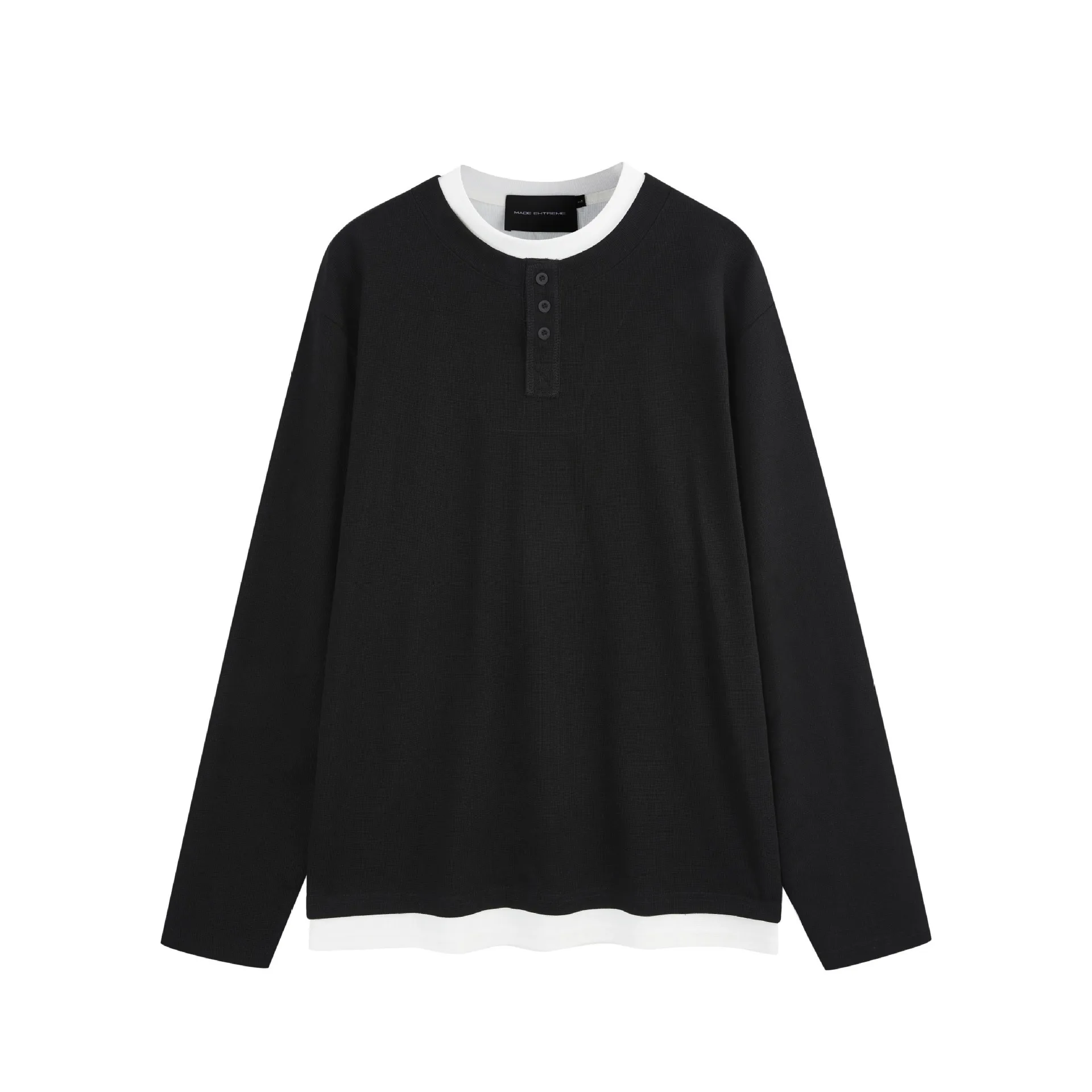 Autumn Winter Men's Fake Two Piece Sweatshirt Waffle Knit Long Sleeve Tee Niche High End Vibe Comfortable Henley Collar Top