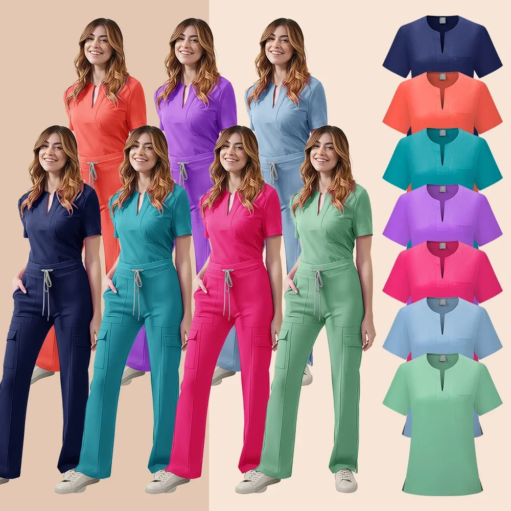 Medical Scrubs Uniform Women Nurse Scrub Set Pocket Top+Pants 2 Piece Suit Nursing Operating Room Clothes Beauty Salon Work Wear
