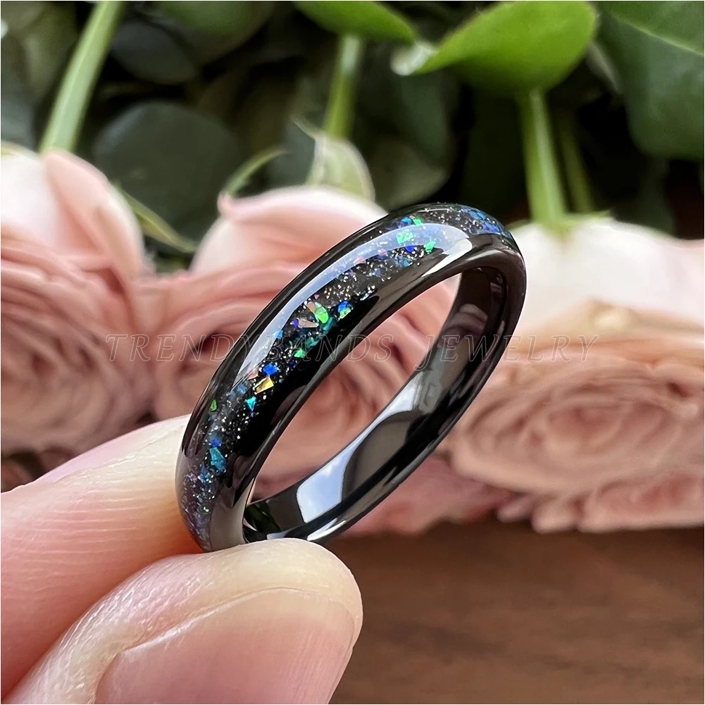 4mm Dropshipping Wholesale Black Tungsten Ring for Women Men Fashion Galaxy Opal Inlay Engagement Wedding Band