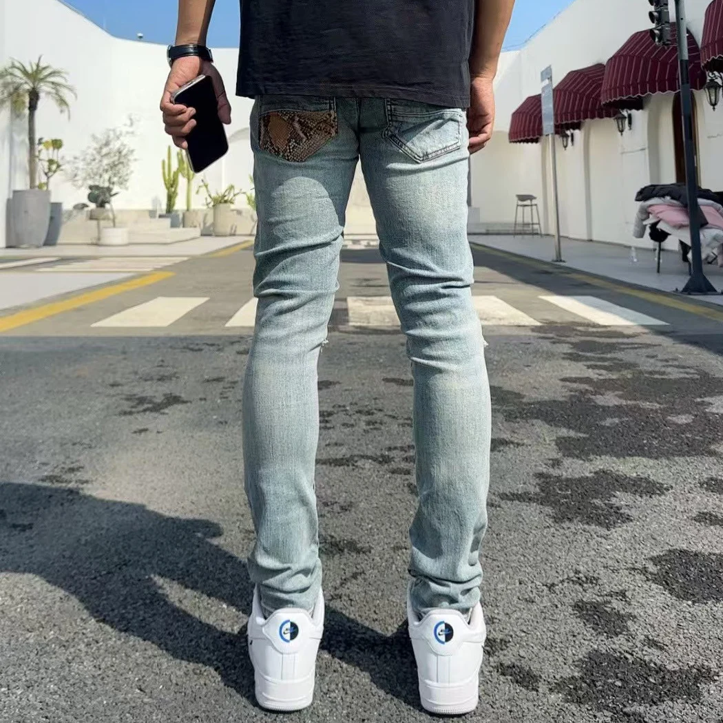 

fashion new denim jeans Y2Knostalgic, elastic, slim fit, patch,Y2k retro light blue jeans, high street hip-hop brand pants