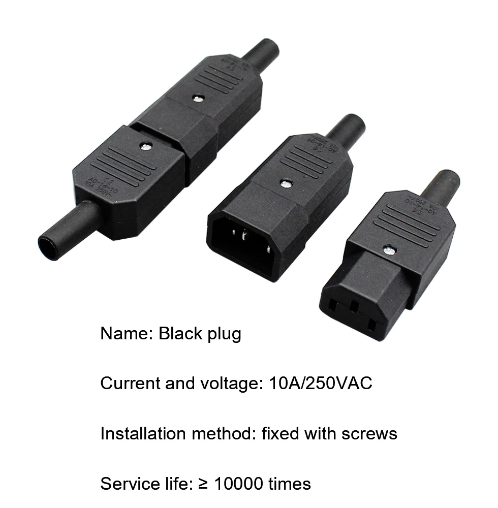 1Set IEC 320 Straight Cable AC Plug Socket C13 C14 10A 250V Black Rewireable Electrical 3 Pin Female Male Power Connector