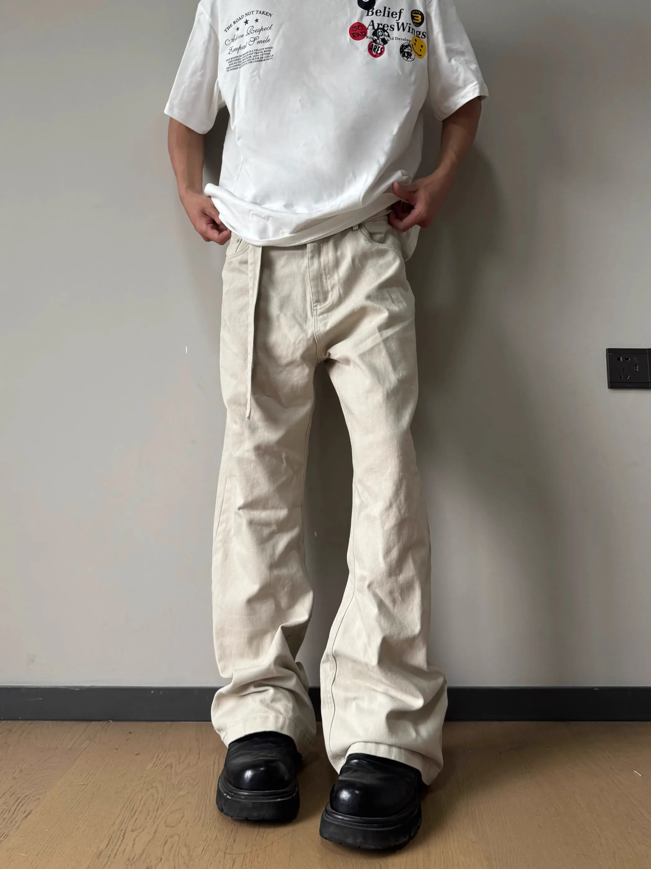 

American Retro Adjustable Waist Belt Flared Jeans Casual Slimming Long Pants ex Cleanfit Straight Leg Zipper Fly Breathable