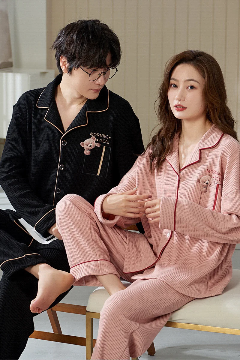 Autumn Winter Couple Men and Women Cotton Sleepwear Turn-down Collars Long Sleeve Pants Solid Nightwear Suit