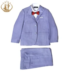 New Spring Autumn Formal Kids Wedding Blazer Boys Suit Wholesale Clothing Purple Party Host Costume Coat Pants Vest 3Pcs