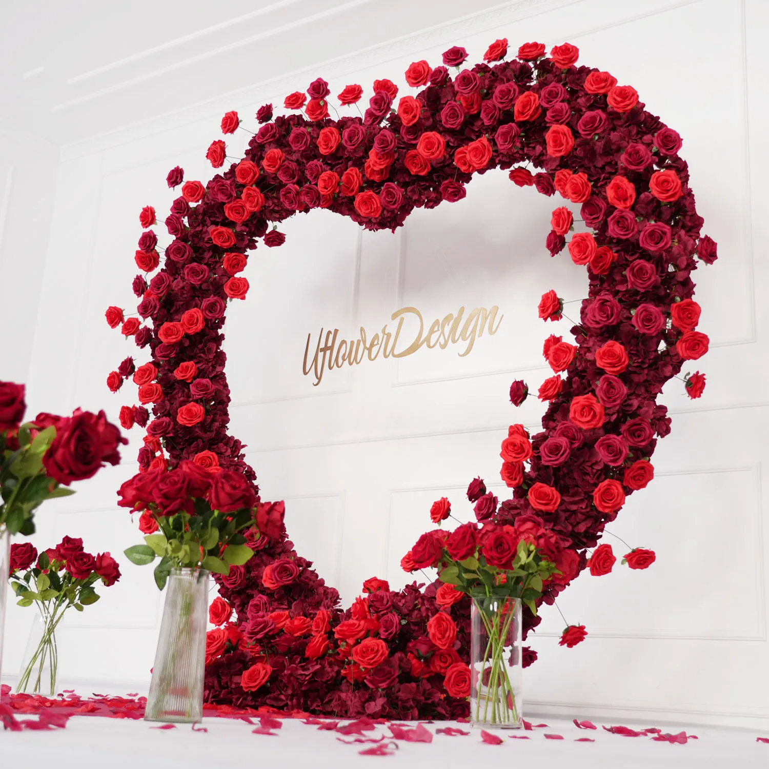 Uflower Heart-Shaped Frame Arch Wedding Backdrop Decor Luxury Red Rose Floral Arrangement Cloth Base Party Window Display Props