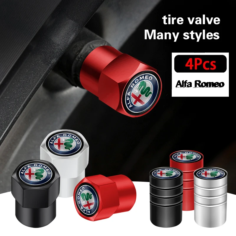 4Pcs 3D Metal Car Tire Valve Caps Wheel Dust Cover For Alfa Romeo 156 159 147 4C 8C 166 Giulia Giulietta Mito Stelvio Spider GT