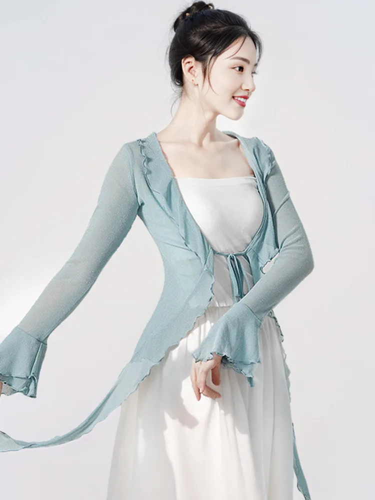 سترة أنيقة ذات لون شبكي وأكمام طويلة مكشكشة، سترة رقص رفيعة لأداء المسرح الحديث