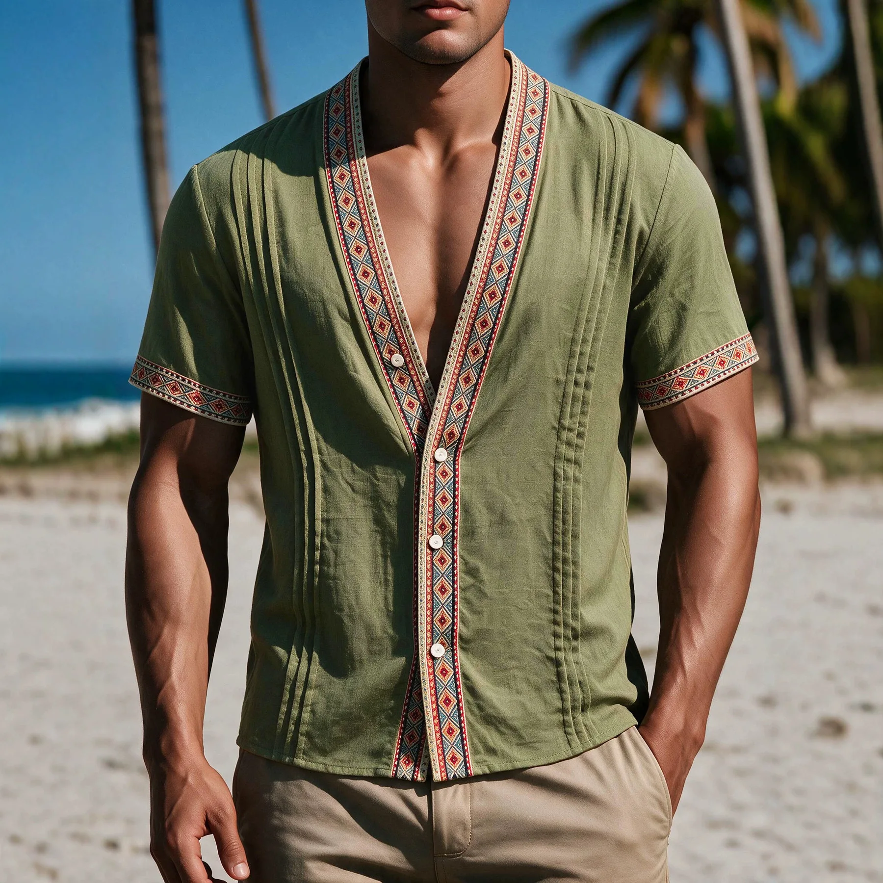 Retro Linen Men's shirt Summer Fashion V-neck Multi button Shirt Hawaii Casual Vacation Fashion patchwork Short sleeved T-Shirt