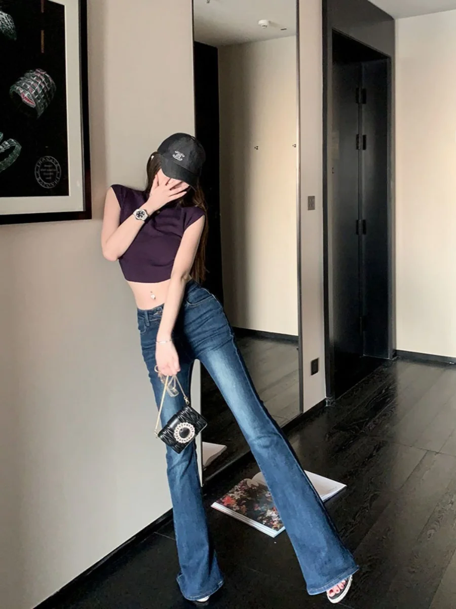 

Джинсы-клеш с высокой талией, эластичные, утягивающие, с эффектом потертости, в корейском стиле, новинка 2024 года, из хлопкового денима, длинные брюки для женщин