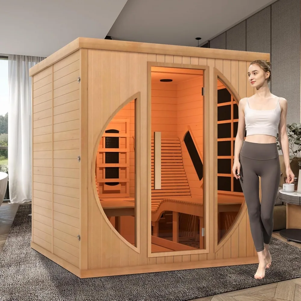 Far Infrared Wooden Sauna Room with Recliner, 2 Person Indoor Infrared Home Sauna, Saunas for Home 9 Heaters  Bluetooth Speakers