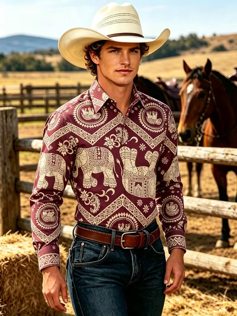 New bright blue satin orange flame printed shirt American retro street flame trend men's slim fit long sleeved shirt