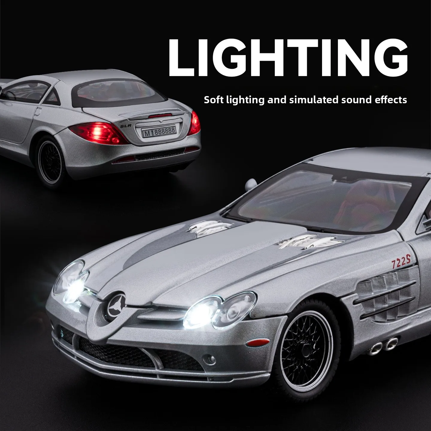 1:24 SLR 722S おもちゃのスポーツカーモデル金属ダイキャストサウンドライトプルバックドアオープン車両モデル装飾品ギフト