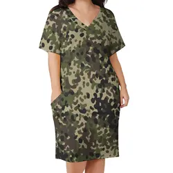 Digital Camo Print Casual Dress Female Flecktarn Camouflage Military Modern Dresses Summer V Neck Street Wear Dress Plus Size