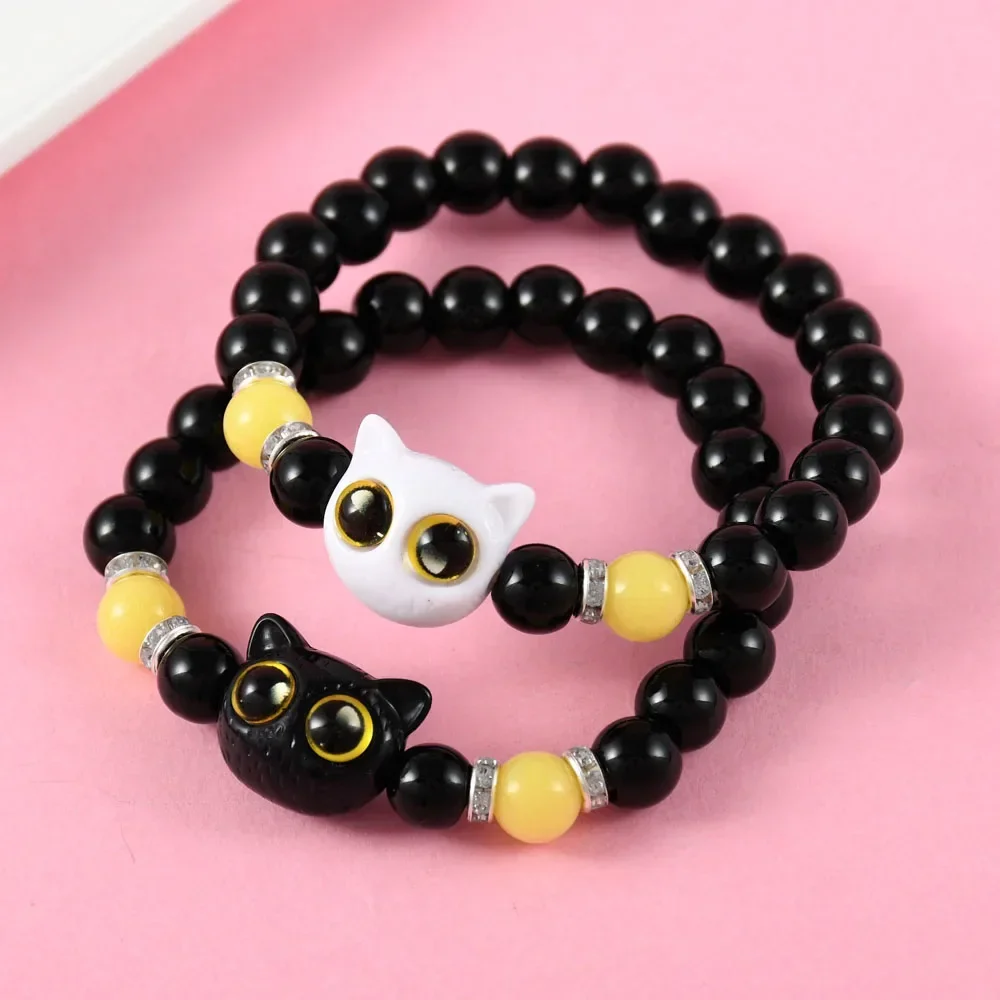 2Pcs/set Cute Big Eye Cat Luminous Bracelets For Girls Cartoon Animal Beaded Hand Chain Friendship Couple Bracelet Jewelry Gift