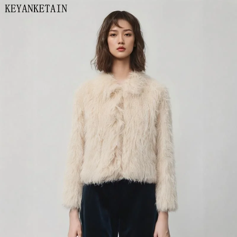 KEYANKETIAN 2025 New Women's Short Faux Fur Jacket Simple style Covered Button Stylish Cropped Blazer Female Luxury Fluffy Coat